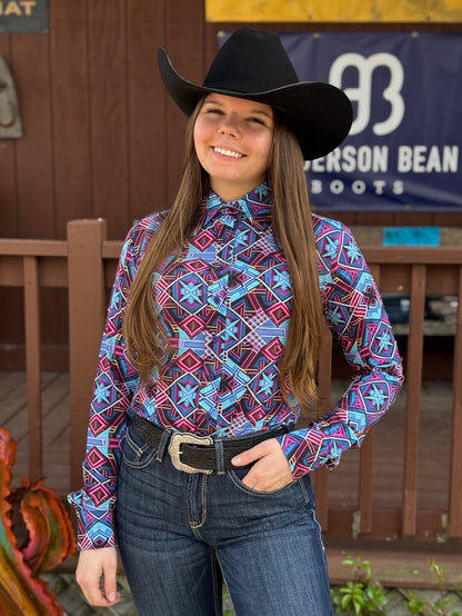 RHC Equestrian Women's Dynamic Pink/Turquoise Aztec Western Show Shirt 70465
