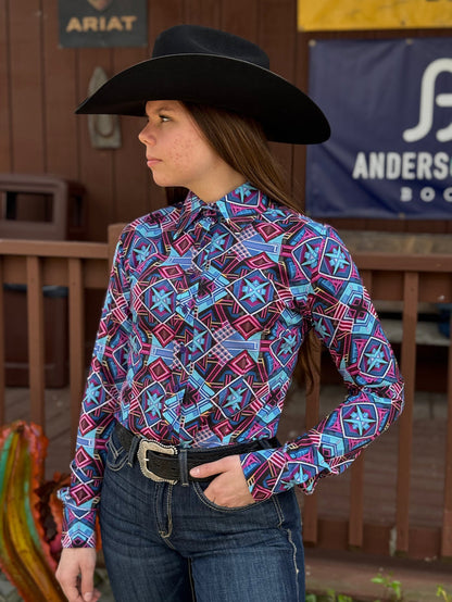 RHC Equestrian Women's Dynamic Pink/Turquoise Aztec Western Show Shirt 70465
