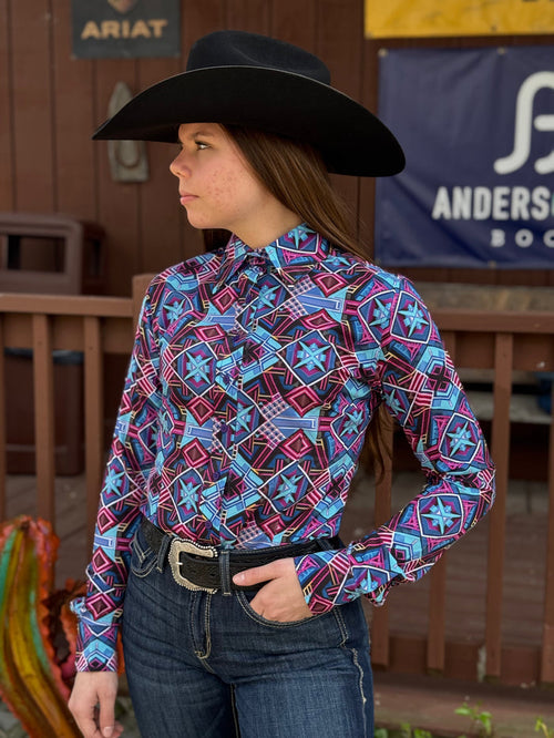 RHC Equestrian Women's Dynamic Pink/Turquoise Aztec Western Show Shirt 70465
