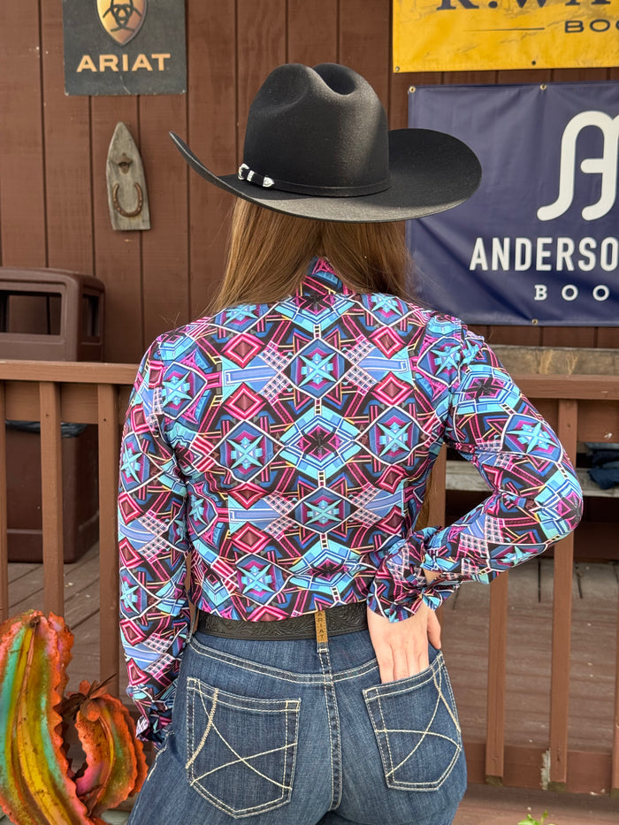 RHC Equestrian Women's Dynamic Pink/Turquoise Aztec Western Show Shirt 70465