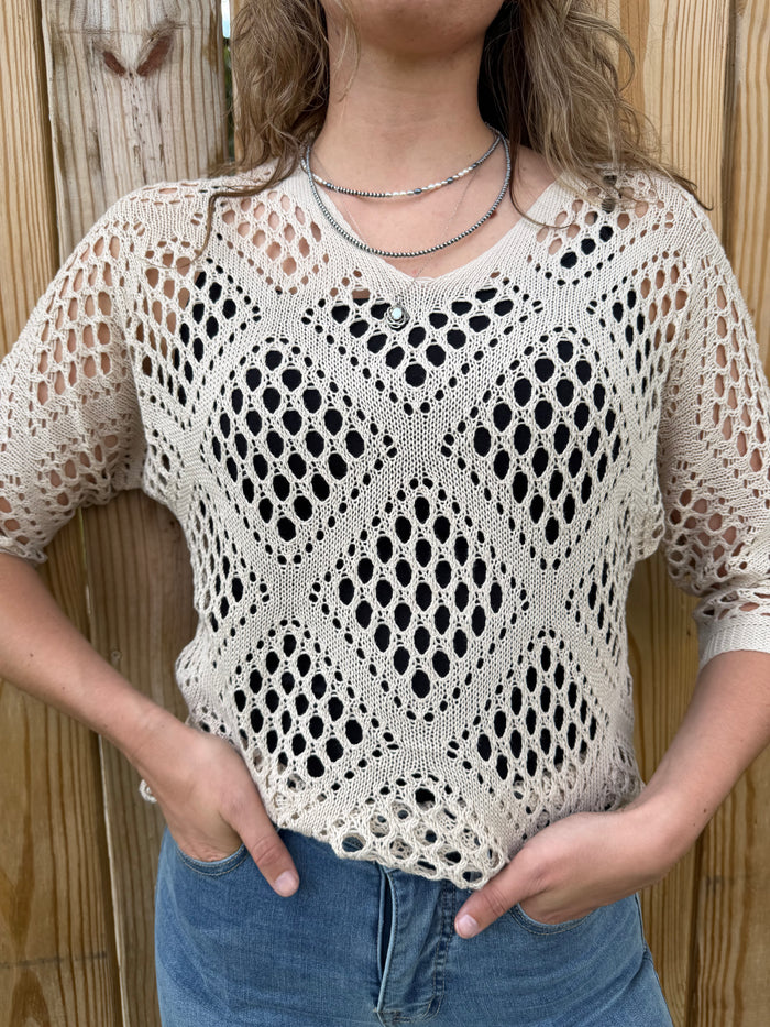 Rosa Khaki Knit Diamond V-Neck Batwing 3/4 Sleeve Sweater RCJW6058KH