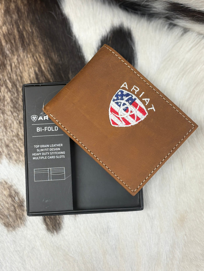 Ariat Aged Bark Brown American Flag Shield Logo Leather Bi-Fold Wallet A35549217