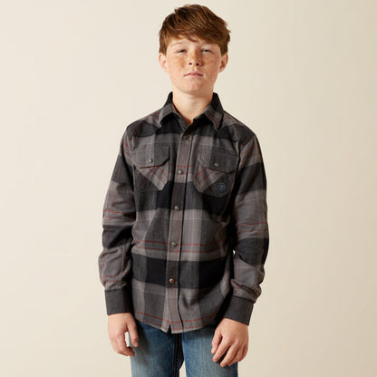 Ariat Boy's Hernandez Dark Grey Plaid Retro Long Sleeve Pearl Snap Western Shirt 10065875