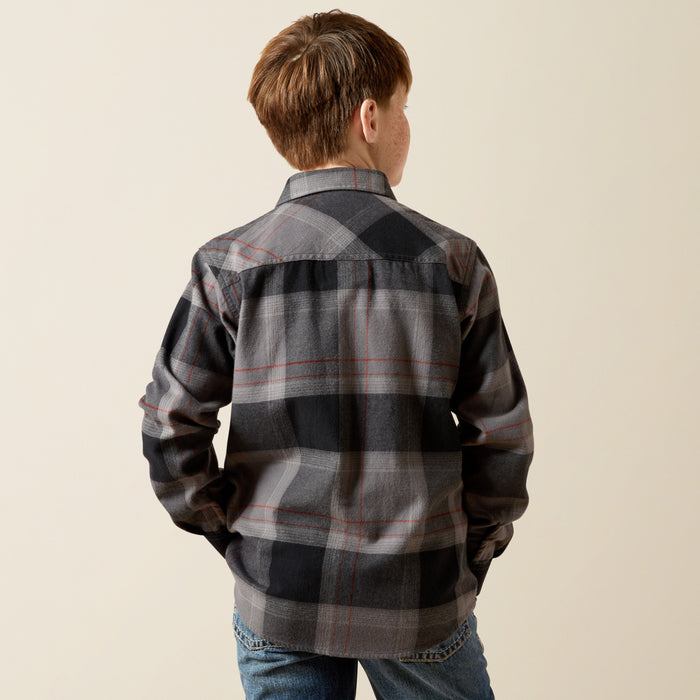 Ariat Boy's Hernandez Dark Grey Plaid Retro Long Sleeve Pearl Snap Western Shirt 10065875
