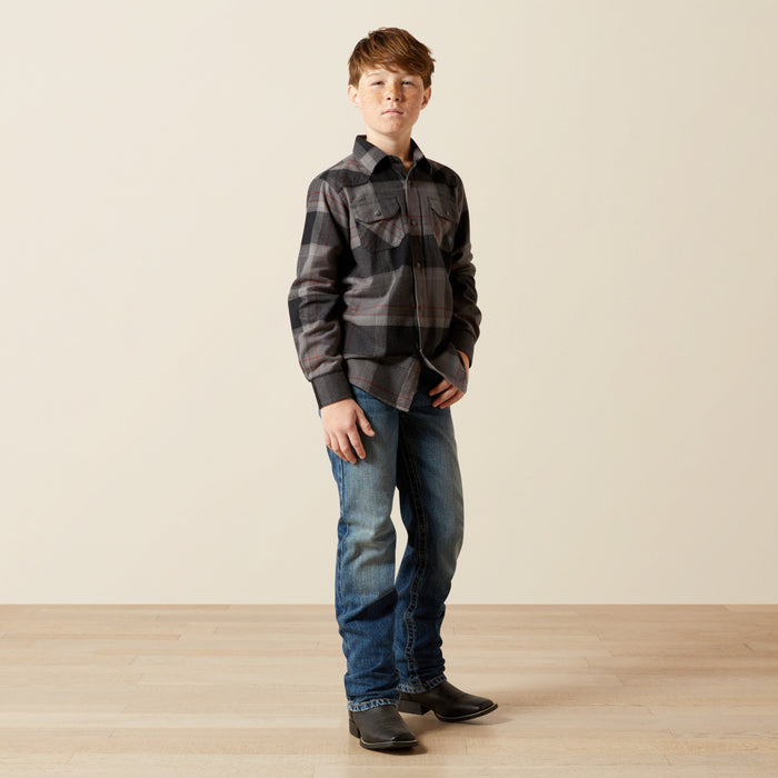 Ariat Boy's Hernandez Dark Grey Plaid Retro Long Sleeve Pearl Snap Western Shirt 10065875