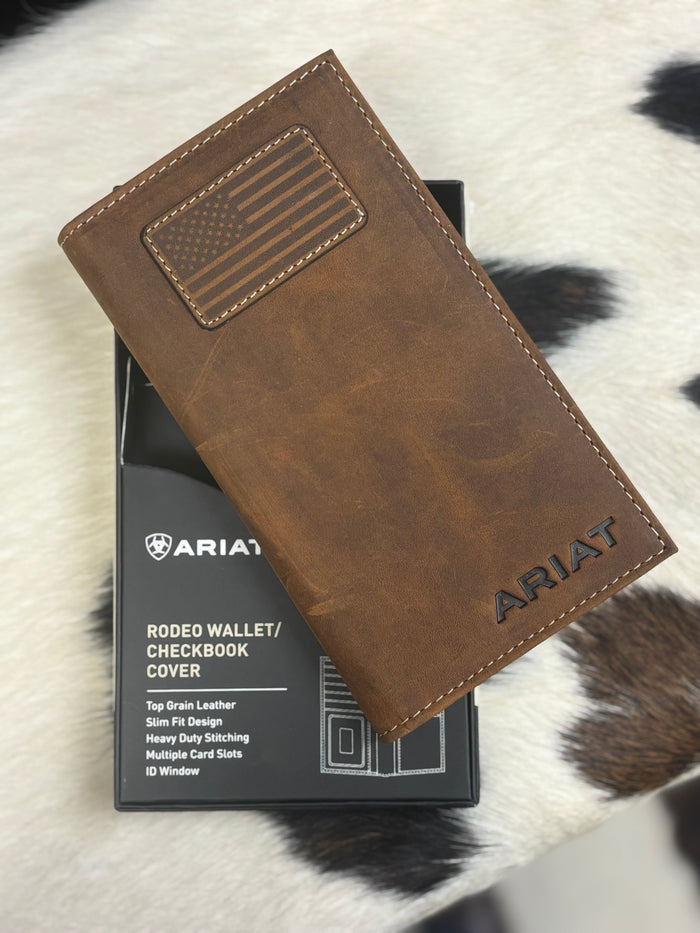 Ariat Brown Leather Flag Patch Logo Rodeo Wallet Checkbook Cover A3548344