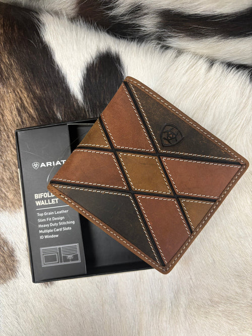 Ariat Brown Patchwork Embossed Logo Shield Leather Bi-Fold Wallet A3565597