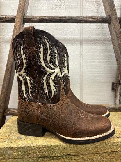 Ariat Children’s/Youth Driftwood Brown & Chocolate Cutout Top Wide Square Toe Cowboy Boots 10080273