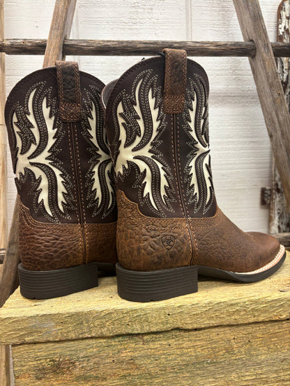 Ariat Children’s/Youth Driftwood Brown & Chocolate Cutout Top Wide Square Toe Cowboy Boots 10080273