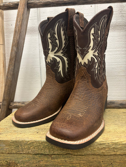Ariat Children’s/Youth Driftwood Brown & Chocolate Cutout Top Wide Square Toe Cowboy Boots 10080273