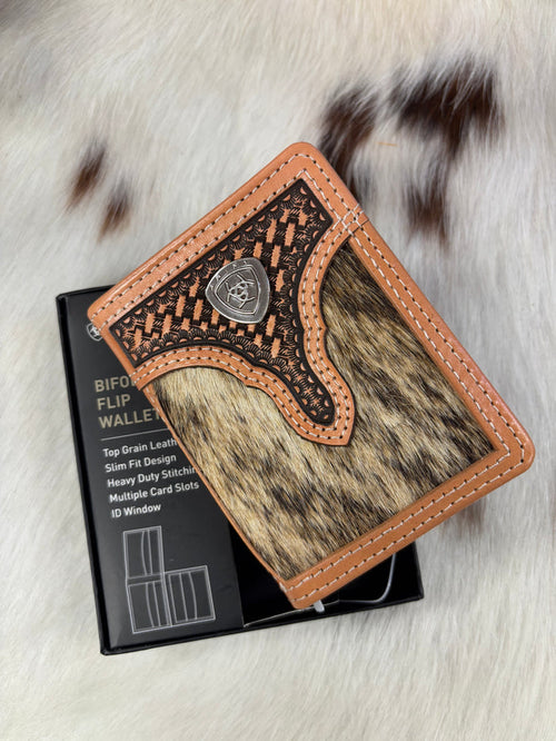 Ariat Mens Brown Basket Weave & Hair-On Cowhide Logo Leather Bi-Fold Flip Wallet A3561848