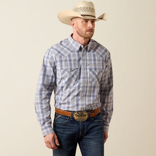 Ariat Men's Pro Series Finley Shadow Blue Plaid Classic Fit Pearl Snap Long Sleeve Shirt 10073518