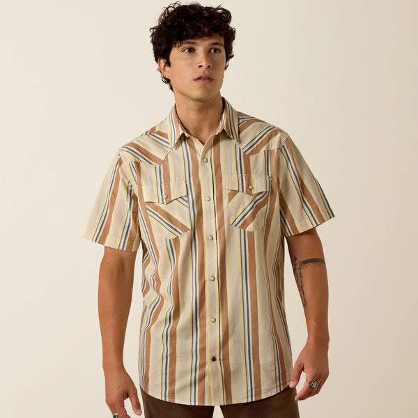 Ariat Men's Retro Hawthorne Sandshell Tan Stripe Slim Fit Pearl Snap Short Sleeve Shirt 10073572