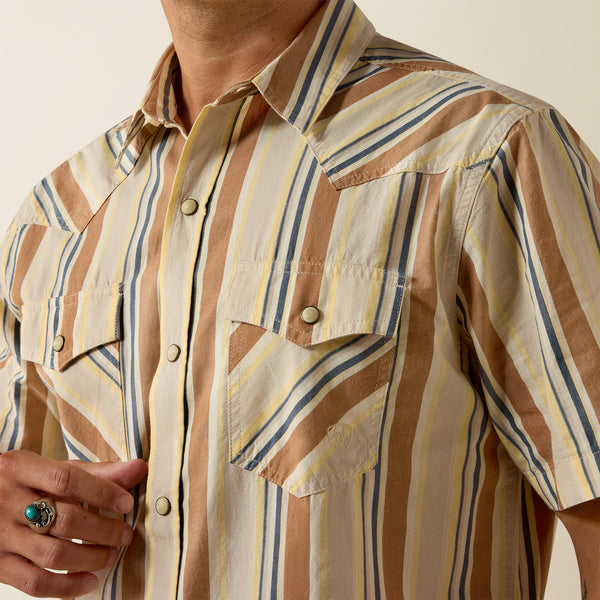 Ariat Men's Retro Hawthorne Sandshell Tan Stripe Slim Fit Pearl Snap Short Sleeve Shirt 10073572
