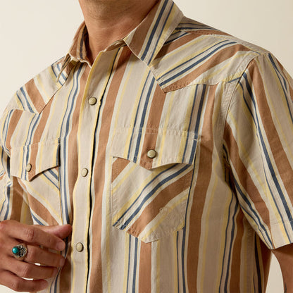 Ariat Men's Retro Hawthorne Sandshell Tan Stripe Slim Fit Pearl Snap Short Sleeve Shirt 10073572
