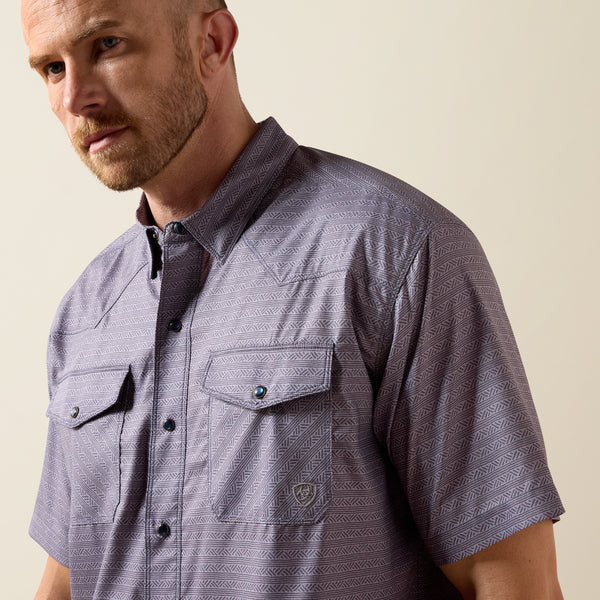Ariat Men's VentTEK Dark Denim Blue Western Stripe Pearl Snap Short Sleeve Western Shirt 10073423