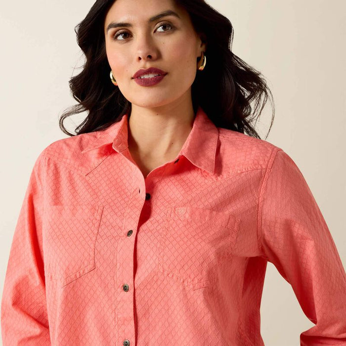 Ariat Women's Billie Jean Shell Pink/Coral Dobby Button Long Sleeve Western Shirt 10071521