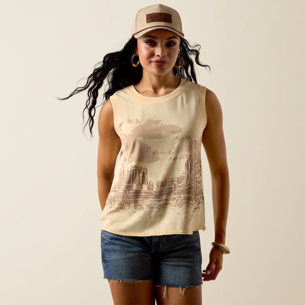Ariat Women's Cornhusk Yellow Desert Vista Graphic Print Sleeveless Tank Tee 10073545