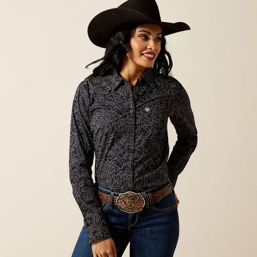 Ariat Women's Kirby Stretch Black Boot Stitch Print Button Long Sleeve Western Shirt 10062539