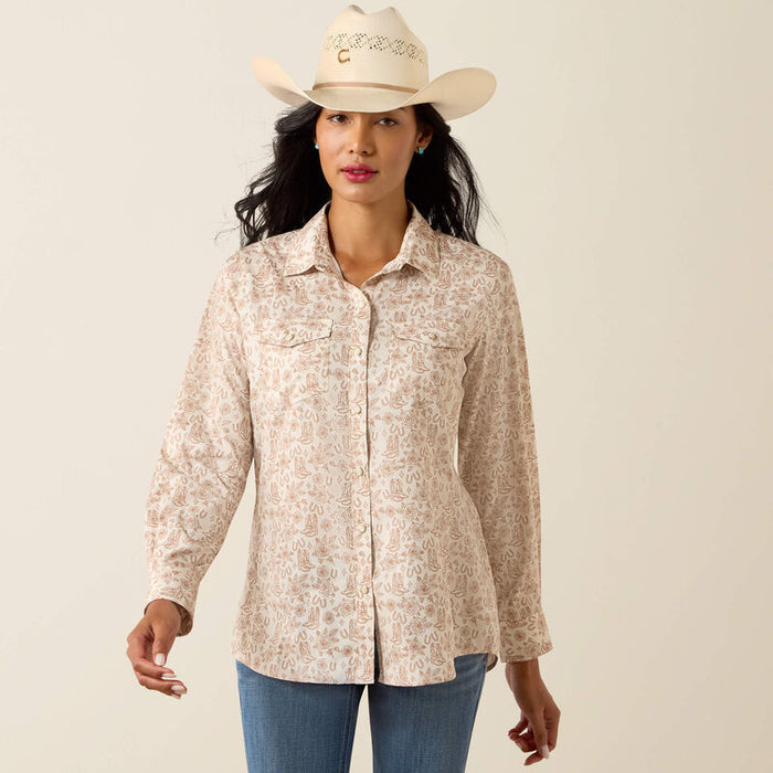 Ariat Women's VentTEK Tan Boots & Roses Print Pearl Snap Long Sleeve Western Shirt 10075360