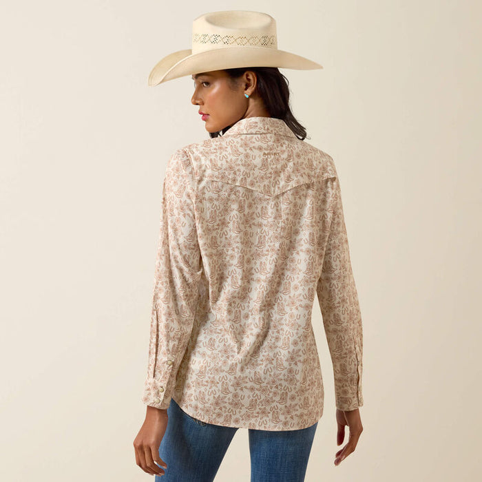 Ariat Women's VentTEK Tan Boots & Roses Print Pearl Snap Long Sleeve Western Shirt 10075360