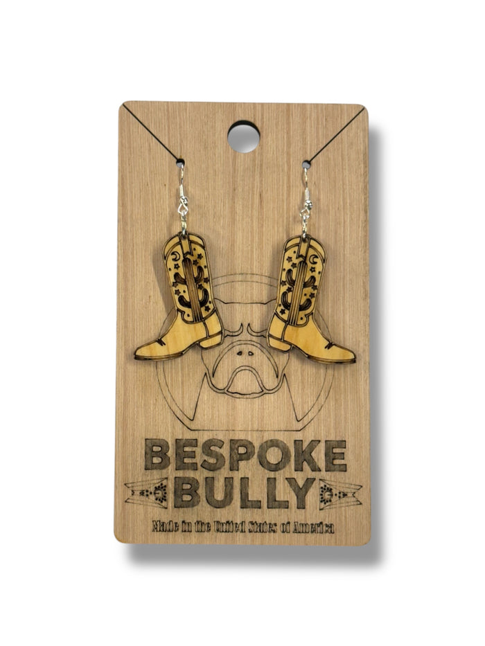 Bespoke Bully Jewelry Cowboy Boots Wood Cutout Earrings