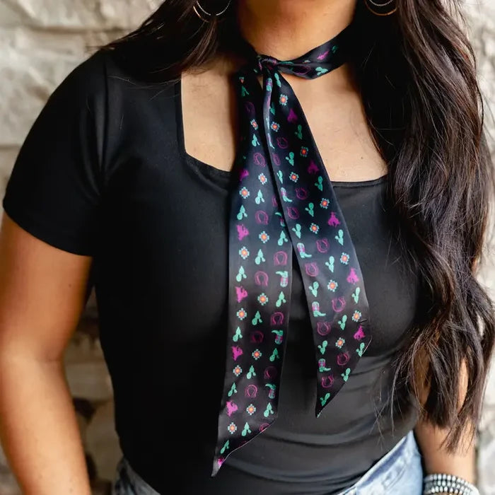 Black Southwestern Print Silk Twilly Scarf TW001BLK