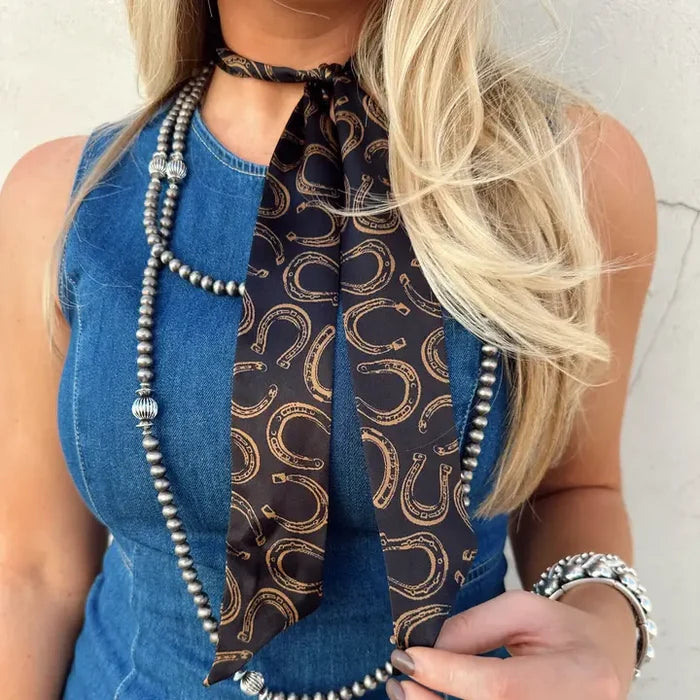 Black with Tan Horseshoe Print Silk Twilly Scarf TW011BLK