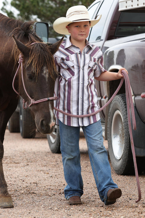 Cinch Boy's White & Maroon Multi Stripe Button Short Sleeve Western Shirt MTW7171002