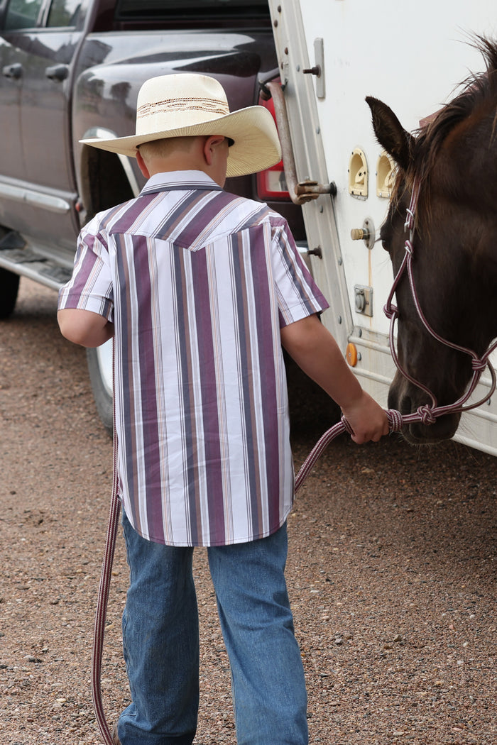 Cinch Boy's White & Maroon Multi Stripe Button Short Sleeve Western Shirt MTW7171002
