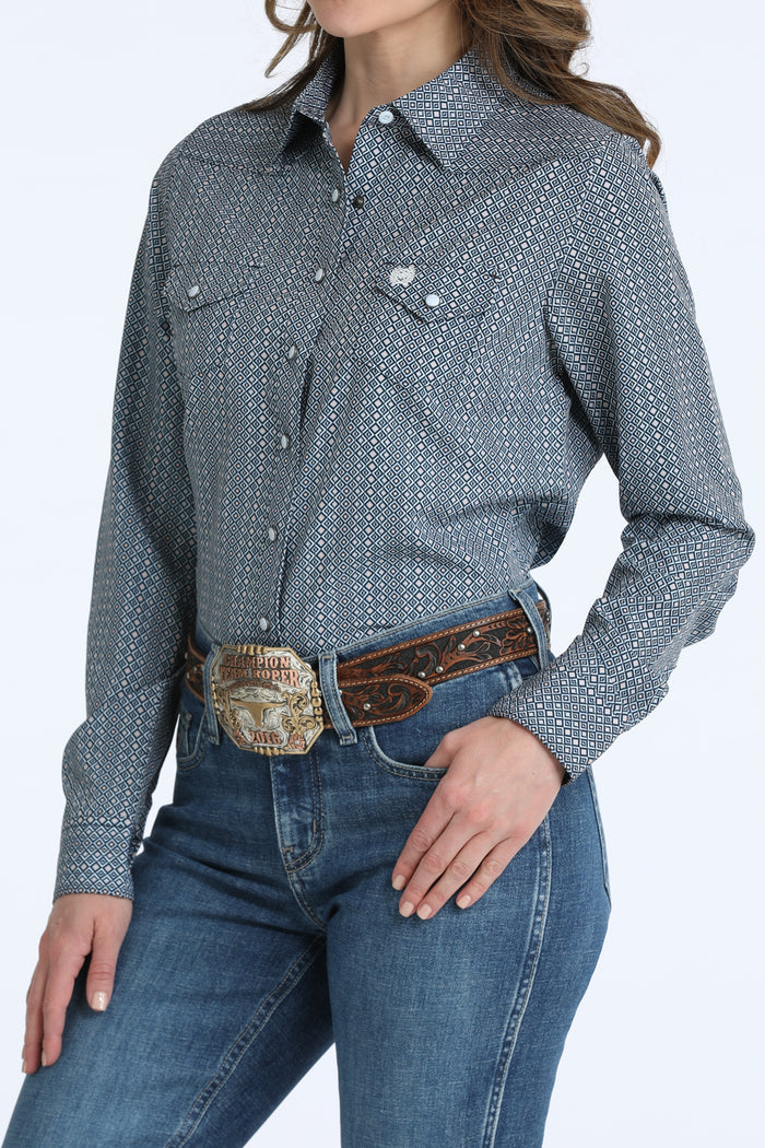 Cinch Women's ArenaFlex Blue Medallion Geo Print Pearl Snap Long Sleeve Western Shirt MSW9206006