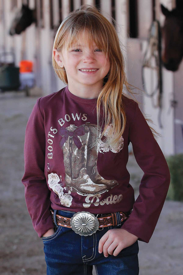 Cruel Girl Denim Girl's Burgundy "Boots & Bows' Rodeo Graphic Long Sleeve Tee CTK8990008
