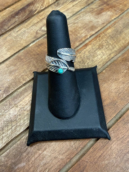 Free Flying Boho Feather Turquoise Stone Sterling Silver Adjustable Ring
