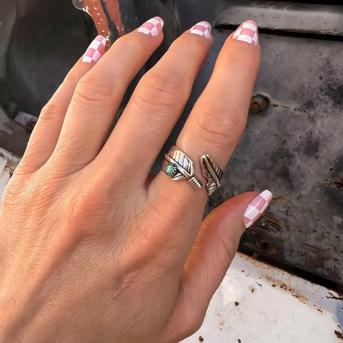 Free Flying Boho Feather Turquoise Stone Sterling Silver Adjustable Ring