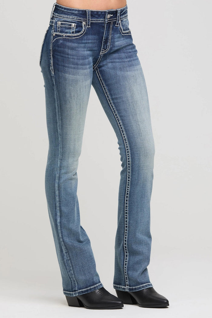 Grace in LA Easy Fit Women's Cross Embellished Pocket Mid Rise Bootcut Jeans EB52034 EB52034