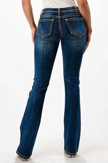 Grace in LA Easy Fit Women's Mid-Rise Heavy Stitched Distressed Bootcut Jeans EL51729-32