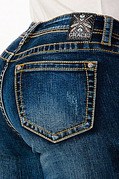 Grace in LA Easy Fit Women's Mid-Rise Heavy Stitched Distressed Bootcut Jeans EL51729-32