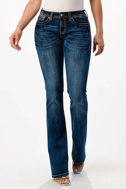 Grace in LA Easy Fit Women's Mid-Rise Heavy Stitched Distressed Bootcut Jeans EL51729-32