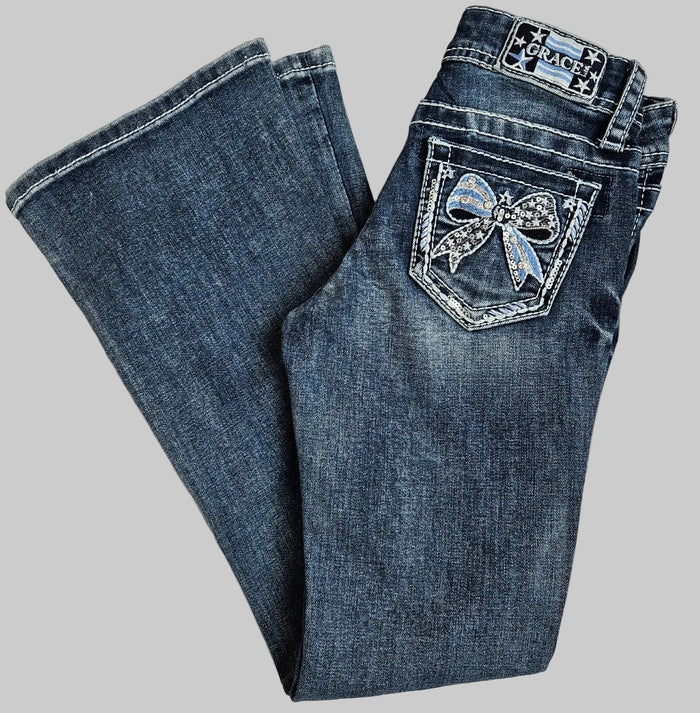 Grace In LA Girl's Americana Bow Stitched Embellished Pocket Bootcut Jeans GB62053