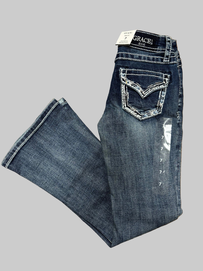 Grace In LA Girl's Feather & Stud Embroidered Faux Flap Pocket Bootcut Jeans GB52026