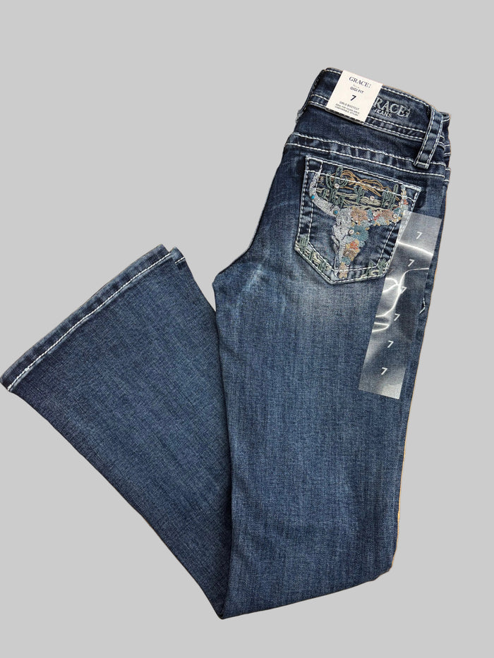 Grace In LA Girl's Steerhead & Desert Embroidered Pocket Bootcut Jeans GB81764 TB81764