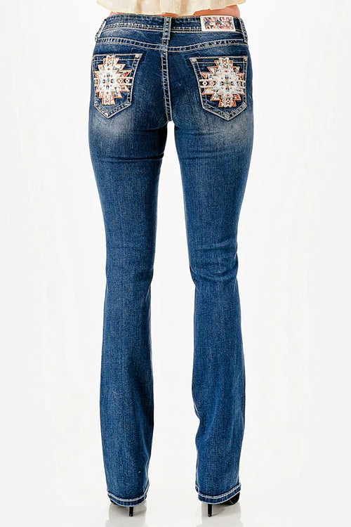 Grace in LA Perfect Fit Women's Aztec & Stud Embellished Pocket Curvy Bootcut Jeans PB61956
