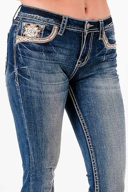 Grace in LA Perfect Fit Women's Aztec & Stud Embellished Pocket Curvy Bootcut Jeans PB61956