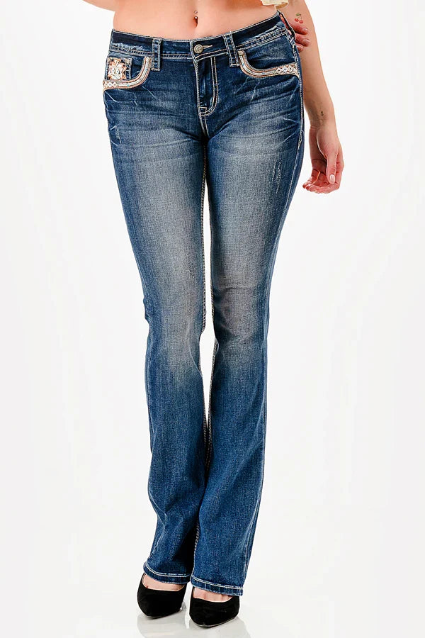 Grace in LA Perfect Fit Women's Aztec & Stud Embellished Pocket Curvy Bootcut Jeans PB61956