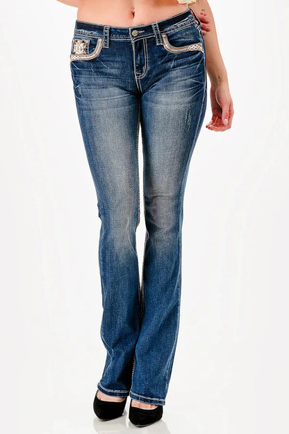 Grace in LA Perfect Fit Women's Aztec & Stud Embellished Pocket Curvy Bootcut Jeans PB61956
