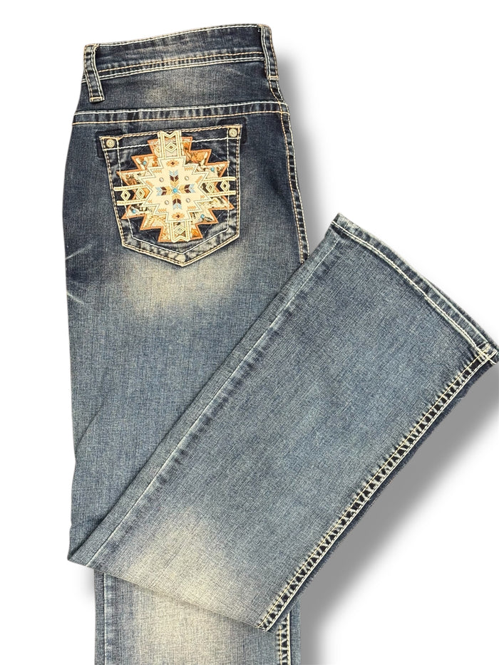 Grace in LA Perfect Fit Women's Aztec & Stud Embellished Pocket Curvy Bootcut Jeans PB61956