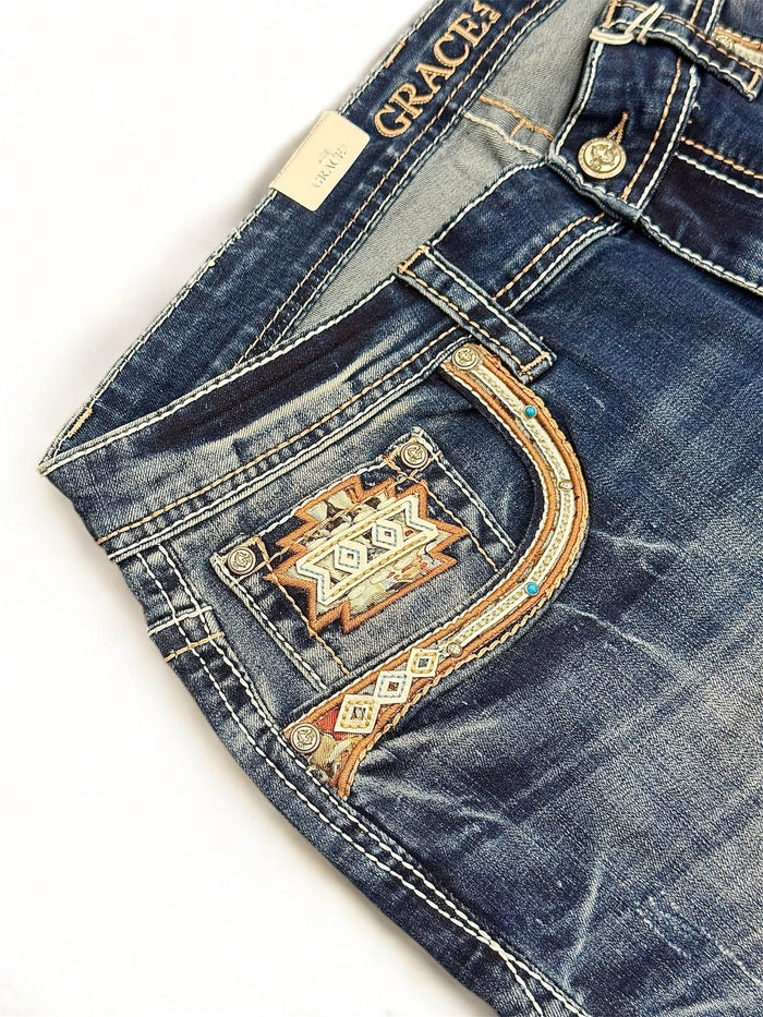 Grace in LA Perfect Fit Women's Aztec & Stud Embellished Pocket Curvy Bootcut Jeans PB61956