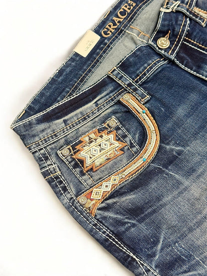 Grace in LA Perfect Fit Women's Aztec & Stud Embellished Pocket Curvy Bootcut Jeans PB61956