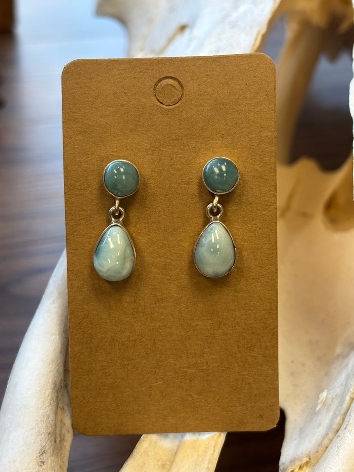 Handmade Larimar Natural 2-Stone Drop Sterling Silver Post Earrings