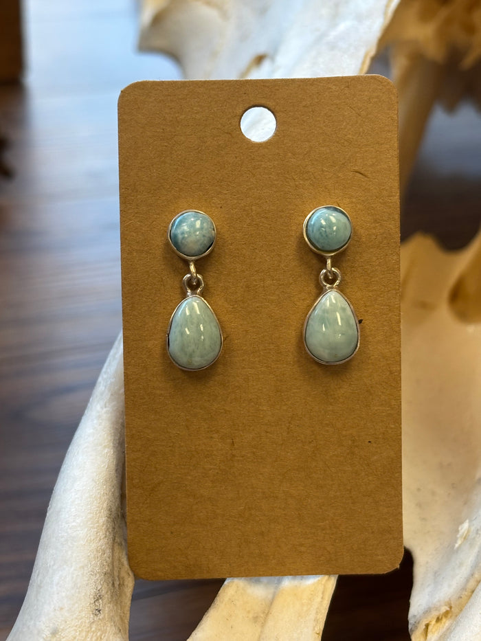 Handmade Larimar Natural 2-Stone Drop Sterling Silver Post Earrings